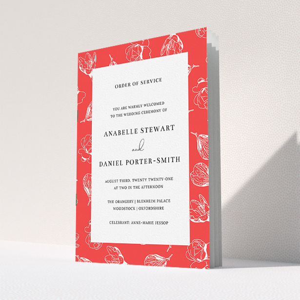 A wedding order of service design called "White on Red Buds". It is an A5 booklet in a portrait orientation. "White on Red Buds" is available as a folded booklet booklet, with tones of red and white.