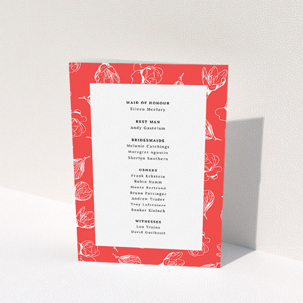 A wedding order of service design called "White on Red Buds". It is an A5 booklet in a portrait orientation. "White on Red Buds" is available as a folded booklet booklet, with tones of red and white.