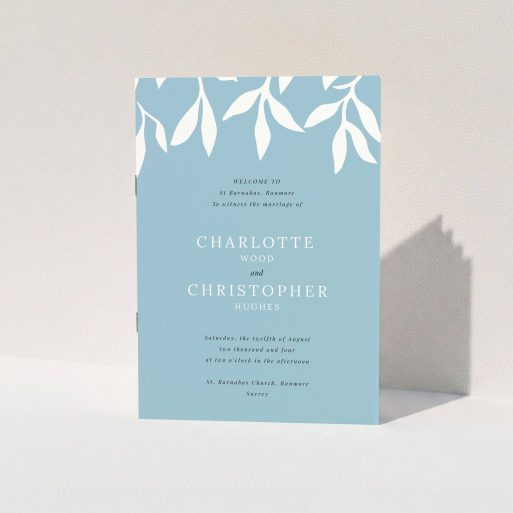 Wedding Order Of Service Design - "Winter bloom" A wedding order of service named "Winter bloom". It is an A5 booklet in a portrait orientation. "Winter bloom" is available as a folded booklet booklet, with tones of blue and white.