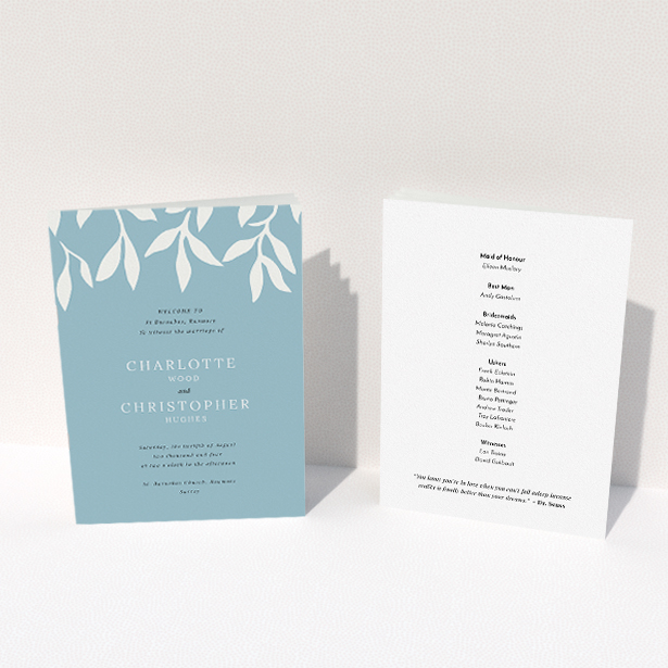 A wedding order of service named "Winter bloom". It is an A5 booklet in a portrait orientation. "Winter bloom" is available as a folded booklet booklet, with tones of blue and white.