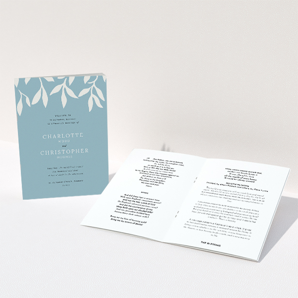 A wedding order of service named "Winter bloom". It is an A5 booklet in a portrait orientation. "Winter bloom" is available as a folded booklet booklet, with tones of blue and white.