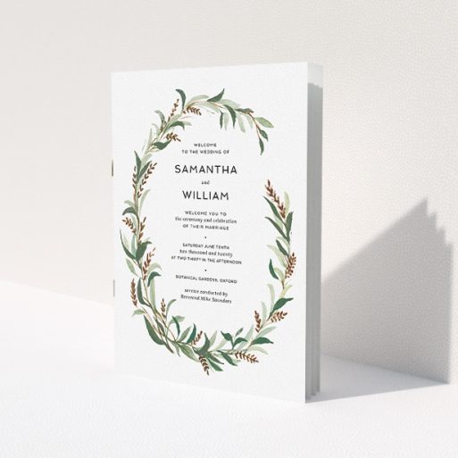 A wedding order of service design named 'Winter Wreath'. It is an A5 booklet in a portrait orientation. 'Winter Wreath' is available as a folded booklet booklet, with tones of faded green, light brown and light green.