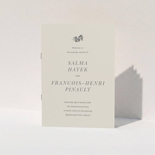 A wedding order of service design called "Woodland dusk". It is an A5 booklet in a portrait orientation. "Woodland dusk" is available as a folded booklet booklet, with mainly dark cream colouring.