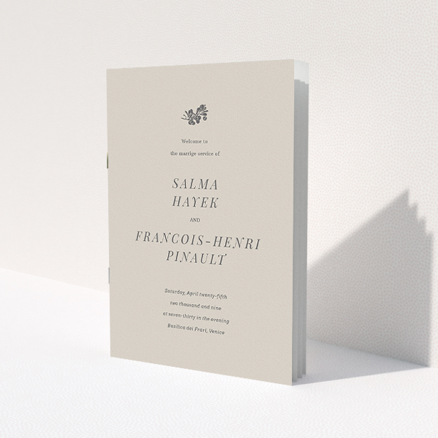 A wedding order of service design called 'Woodland dusk'. It is an A5 booklet in a portrait orientation. 'Woodland dusk' is available as a folded booklet booklet, with mainly dark cream colouring.