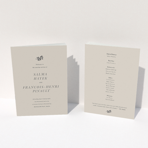 A wedding order of service design called "Woodland dusk". It is an A5 booklet in a portrait orientation. "Woodland dusk" is available as a folded booklet booklet, with mainly dark cream colouring.