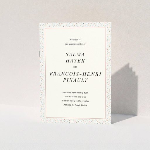 A wedding program design named "A hint of confetti". It is an A5 booklet in a portrait orientation. "A hint of confetti" is available as a folded booklet booklet, with tones of light cream and green.