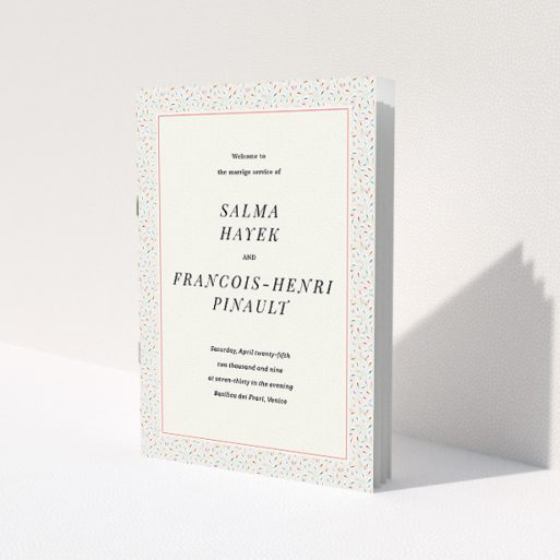 A wedding program design named 'A hint of confetti'. It is an A5 booklet in a portrait orientation. 'A hint of confetti' is available as a folded booklet booklet, with tones of light cream and green.
