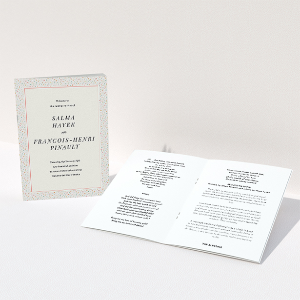 A wedding program design named "A hint of confetti". It is an A5 booklet in a portrait orientation. "A hint of confetti" is available as a folded booklet booklet, with tones of light cream and green.