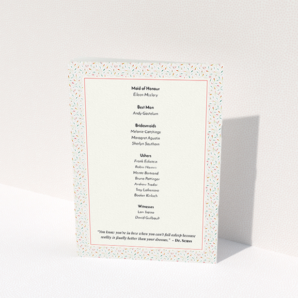 A wedding program design named "A hint of confetti". It is an A5 booklet in a portrait orientation. "A hint of confetti" is available as a folded booklet booklet, with tones of light cream and green.