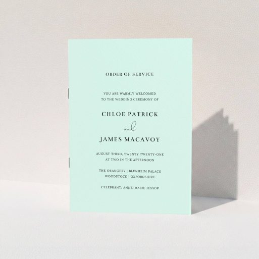 A wedding program design called "Baby Blue Simple". It is an A5 booklet in a portrait orientation. "Baby Blue Simple" is available as a folded booklet booklet, with mainly blue colouring.