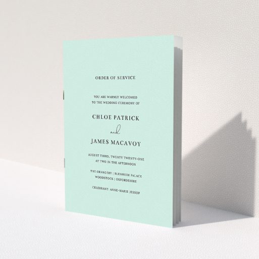 A wedding program design called 'Baby Blue Simple'. It is an A5 booklet in a portrait orientation. 'Baby Blue Simple' is available as a folded booklet booklet, with mainly blue colouring.