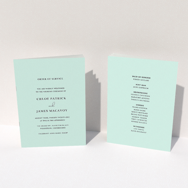 A wedding program design called "Baby Blue Simple". It is an A5 booklet in a portrait orientation. "Baby Blue Simple" is available as a folded booklet booklet, with mainly blue colouring.