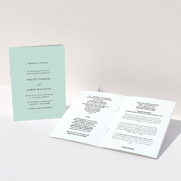 A wedding program design called "Baby Blue Simple". It is an A5 booklet in a portrait orientation. "Baby Blue Simple" is available as a folded booklet booklet, with mainly blue colouring.