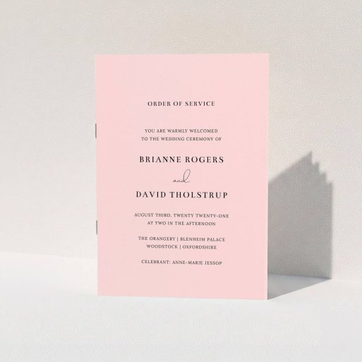Wedding Program Design - "Baby Pink Simple" A wedding program design named "Baby Pink Simple". It is an A5 booklet in a portrait orientation. "Baby Pink Simple" is available as a folded booklet booklet, with mainly pink colouring.