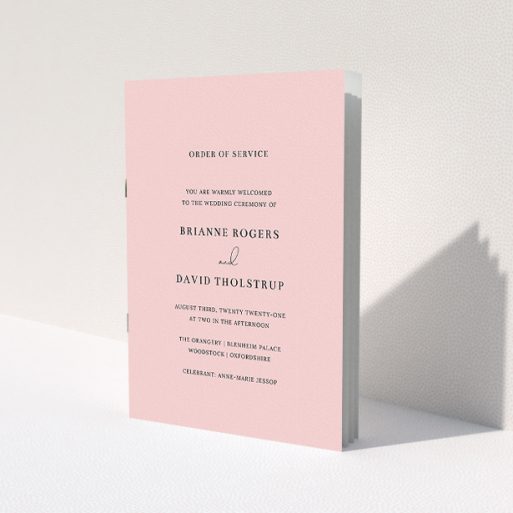 A wedding program design named 'Baby Pink Simple'. It is an A5 booklet in a portrait orientation. 'Baby Pink Simple' is available as a folded booklet booklet, with mainly pink colouring.