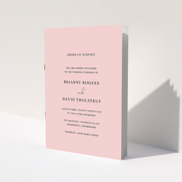 A wedding program design named "Baby Pink Simple". It is an A5 booklet in a portrait orientation. "Baby Pink Simple" is available as a folded booklet booklet, with mainly pink colouring.