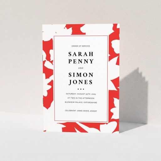 A wedding program design named "Bold Red Florals". It is an A5 booklet in a portrait orientation. "Bold Red Florals" is available as a folded booklet booklet, with tones of red and white.