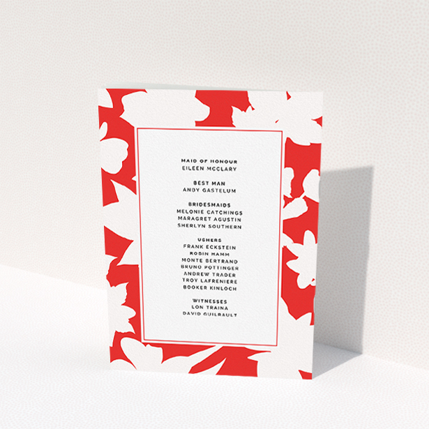 A wedding program design named "Bold Red Florals". It is an A5 booklet in a portrait orientation. "Bold Red Florals" is available as a folded booklet booklet, with tones of red and white.