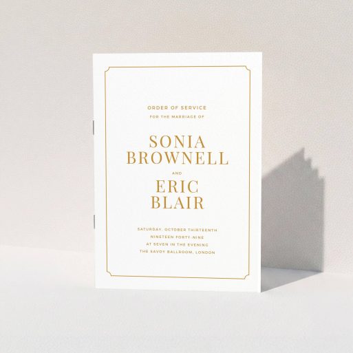 A wedding program design called "Classic face". It is an A5 booklet in a portrait orientation. "Classic face" is available as a folded booklet booklet, with tones of white and orange.