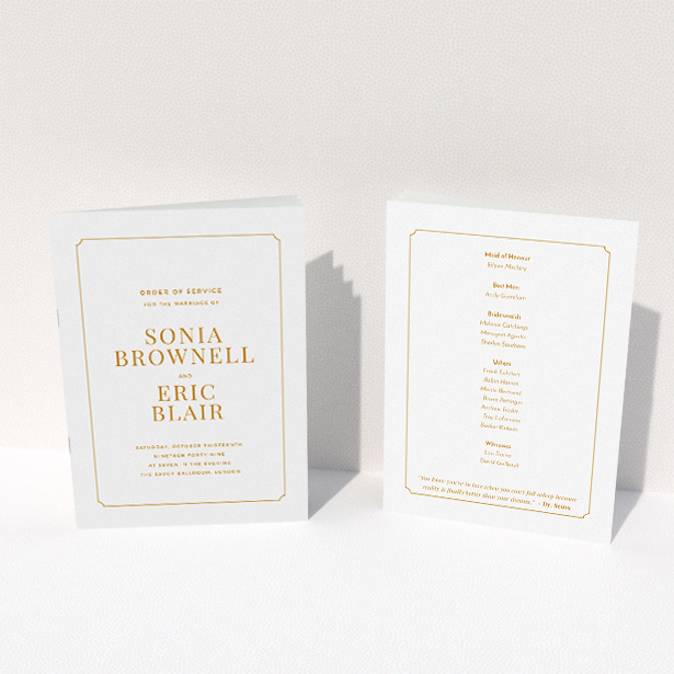 A wedding program design called "Classic face". It is an A5 booklet in a portrait orientation. "Classic face" is available as a folded booklet booklet, with tones of white and orange.