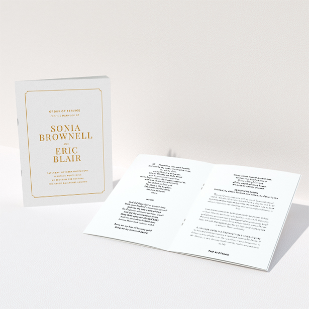 A wedding program design called "Classic face". It is an A5 booklet in a portrait orientation. "Classic face" is available as a folded booklet booklet, with tones of white and orange.