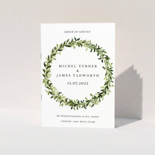 Wedding Program Design - "Classic Wreath Cover" A wedding program called "Classic Wreath Cover". It is an A5 booklet in a portrait orientation. "Classic Wreath Cover" is available as a folded booklet booklet, with tones of light green, dark green and orange.