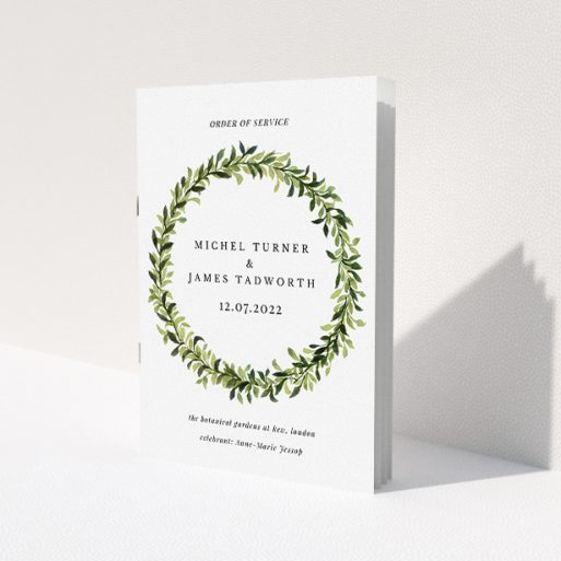 A wedding program called 'Classic Wreath Cover'. It is an A5 booklet in a portrait orientation. 'Classic Wreath Cover' is available as a folded booklet booklet, with tones of light green, dark green and orange.