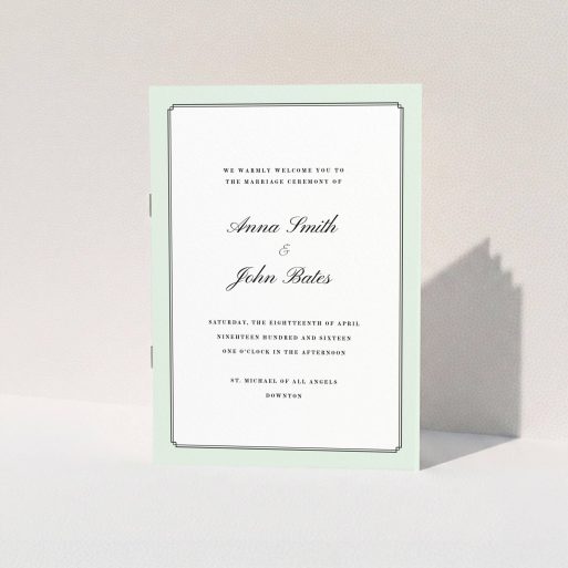 Wedding Program Design - "Deco mint" A wedding program named "Deco mint". It is an A5 booklet in a portrait orientation. "Deco mint" is available as a folded booklet booklet, with tones of green and white.