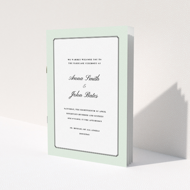 A wedding program named "Deco mint". It is an A5 booklet in a portrait orientation. "Deco mint" is available as a folded booklet booklet, with tones of green and white.