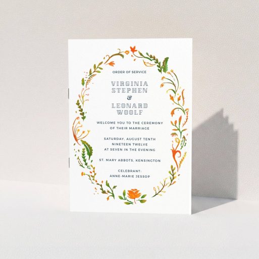 Wedding Program Design - "Deco Wreath" A wedding program named "Deco Wreath". It is an A5 booklet in a portrait orientation. "Deco Wreath" is available as a folded booklet booklet, with tones of orange, green and yellow.
