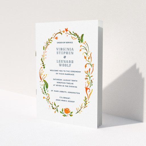 A wedding program named 'Deco Wreath'. It is an A5 booklet in a portrait orientation. 'Deco Wreath' is available as a folded booklet booklet, with tones of orange, green and yellow.