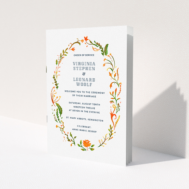 A wedding program named "Deco Wreath". It is an A5 booklet in a portrait orientation. "Deco Wreath" is available as a folded booklet booklet, with tones of orange, green and yellow.