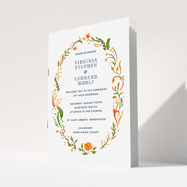 A wedding program named "Deco Wreath". It is an A5 booklet in a portrait orientation. "Deco Wreath" is available as a folded booklet booklet, with tones of orange, green and yellow.