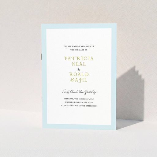 Wedding Program Design - "Duck Egg Blue" A wedding program template titled "Duck Egg Blue". It is an A5 booklet in a portrait orientation. "Duck Egg Blue" is available as a folded booklet booklet, with tones of blue and white.