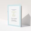 A wedding program template titled "Duck Egg Blue". It is an A5 booklet in a portrait orientation. "Duck Egg Blue" is available as a folded booklet booklet, with tones of blue and white.