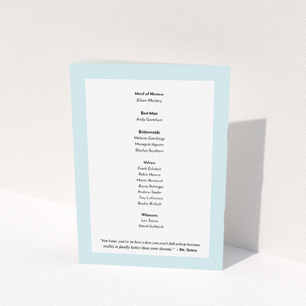 A wedding program template titled "Duck Egg Blue". It is an A5 booklet in a portrait orientation. "Duck Egg Blue" is available as a folded booklet booklet, with tones of blue and white.