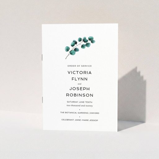 A wedding program named "Eucalyptus Branch". It is an A5 booklet in a portrait orientation. "Eucalyptus Branch" is available as a folded booklet booklet, with tones of white and green.