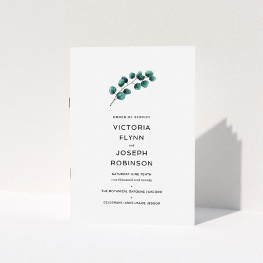 A wedding program named "Eucalyptus Branch". It is an A5 booklet in a portrait orientation. "Eucalyptus Branch" is available as a folded booklet booklet, with tones of white and green.