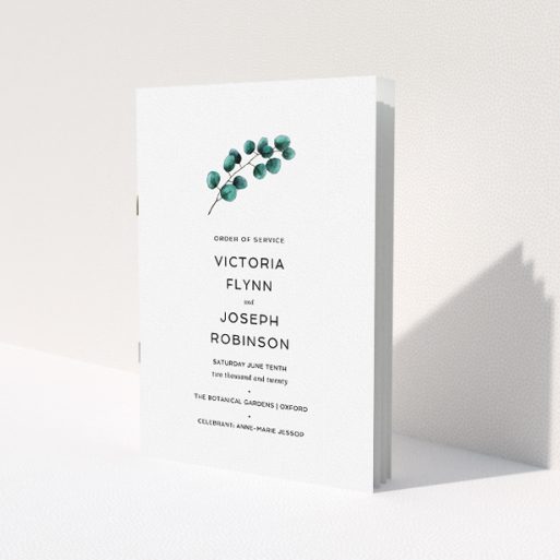 A wedding program named 'Eucalyptus Branch'. It is an A5 booklet in a portrait orientation. 'Eucalyptus Branch' is available as a folded booklet booklet, with tones of white and green.