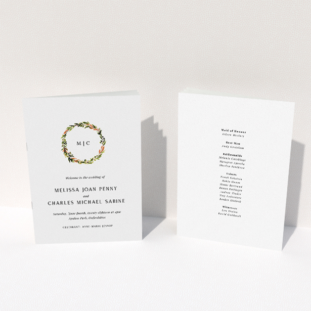 A wedding program named "Floral Monogram". It is an A5 booklet in a portrait orientation. "Floral Monogram" is available as a folded booklet booklet, with tones of white and Orange.