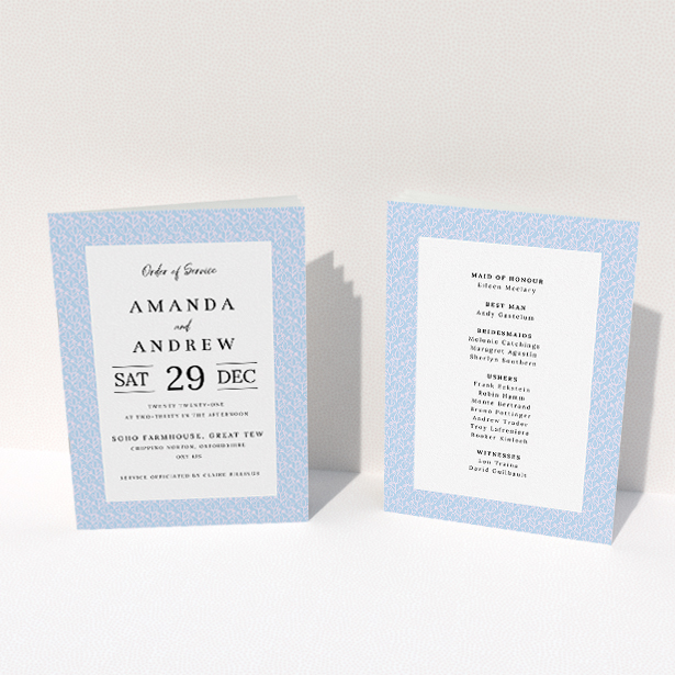 A wedding program called "Flower Pattern". It is an A5 booklet in a portrait orientation. "Flower Pattern" is available as a folded booklet booklet, with tones of blue and pink.