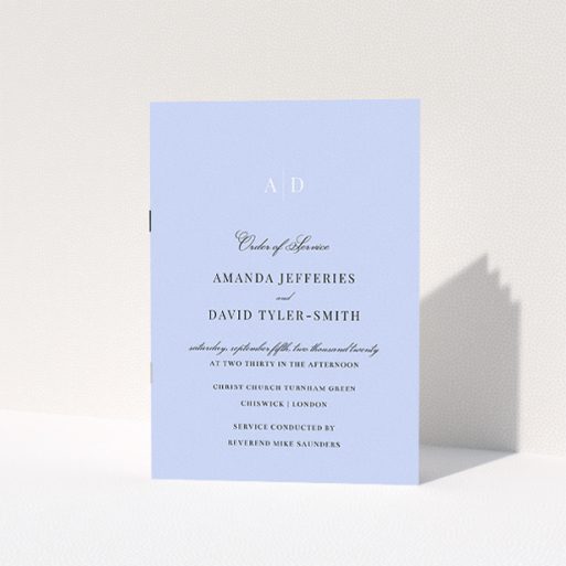 A wedding program called "Light Blue Monogrammed". It is an A5 booklet in a portrait orientation. "Light Blue Monogrammed" is available as a folded booklet booklet, with tones of blue and white.