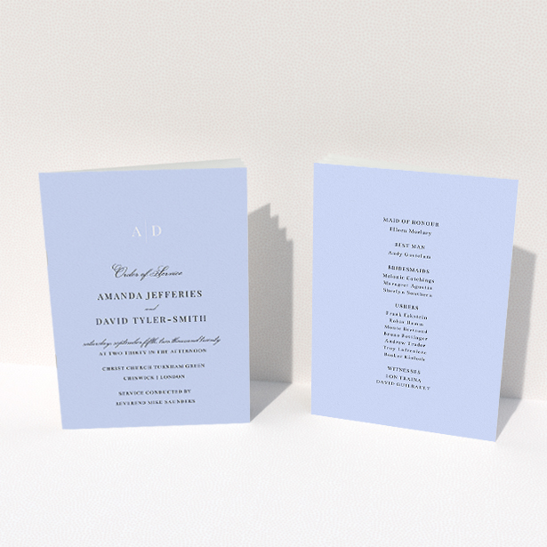 A wedding program called "Light Blue Monogrammed". It is an A5 booklet in a portrait orientation. "Light Blue Monogrammed" is available as a folded booklet booklet, with tones of blue and white.