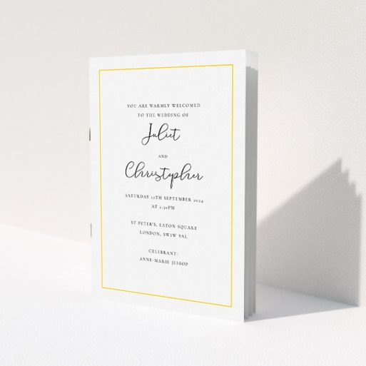 A wedding program called 'Modern Classic Yellow'. It is an A5 booklet in a portrait orientation. 'Modern Classic Yellow' is available as a folded booklet booklet, with tones of white and yellow.