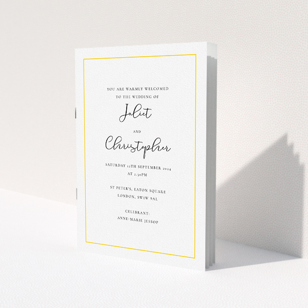 A wedding program called "Modern Classic Yellow". It is an A5 booklet in a portrait orientation. "Modern Classic Yellow" is available as a folded booklet booklet, with tones of white and yellow.