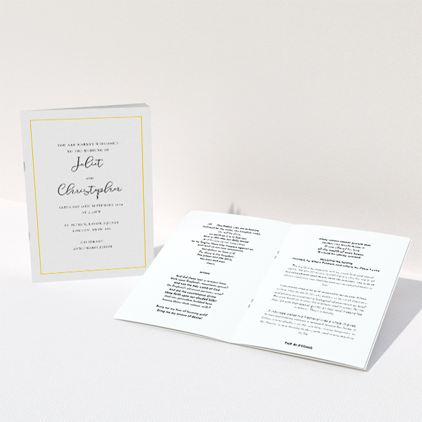 A wedding program called "Modern Classic Yellow". It is an A5 booklet in a portrait orientation. "Modern Classic Yellow" is available as a folded booklet booklet, with tones of white and yellow.