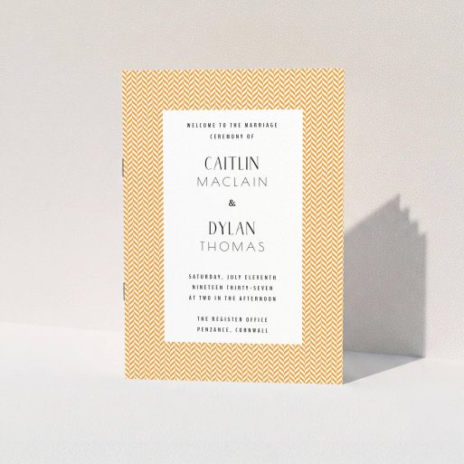 Wedding Program Design - "Orange Houndstooth" A wedding program design named "Orange Houndstooth". It is an A5 booklet in a portrait orientation. "Orange Houndstooth" is available as a folded booklet booklet, with tones of orange and white.