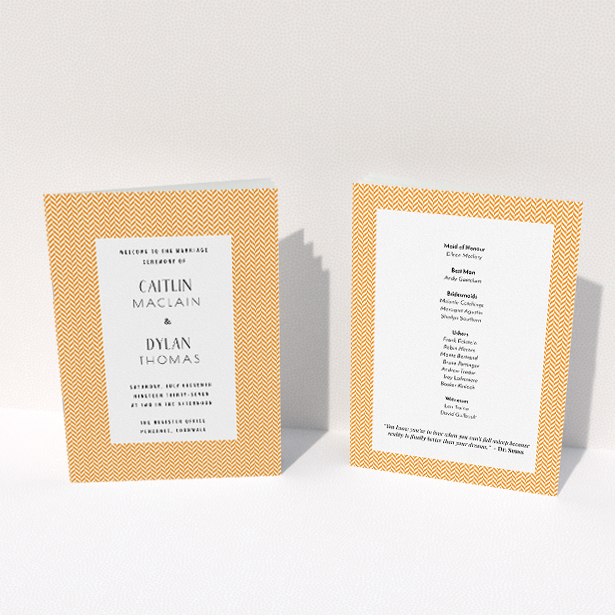 A wedding program design named "Orange Houndstooth". It is an A5 booklet in a portrait orientation. "Orange Houndstooth" is available as a folded booklet booklet, with tones of orange and white.
