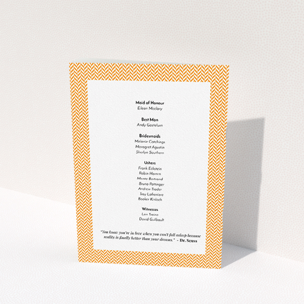 A wedding program design named "Orange Houndstooth". It is an A5 booklet in a portrait orientation. "Orange Houndstooth" is available as a folded booklet booklet, with tones of orange and white.