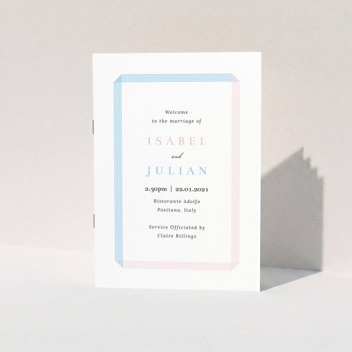 Wedding Program Design - "Pink and Blue Folded" A wedding program design titled "Pink and Blue Folded". It is an A5 booklet in a portrait orientation. "Pink and Blue Folded" is available as a folded booklet booklet, with tones of blue and pink.